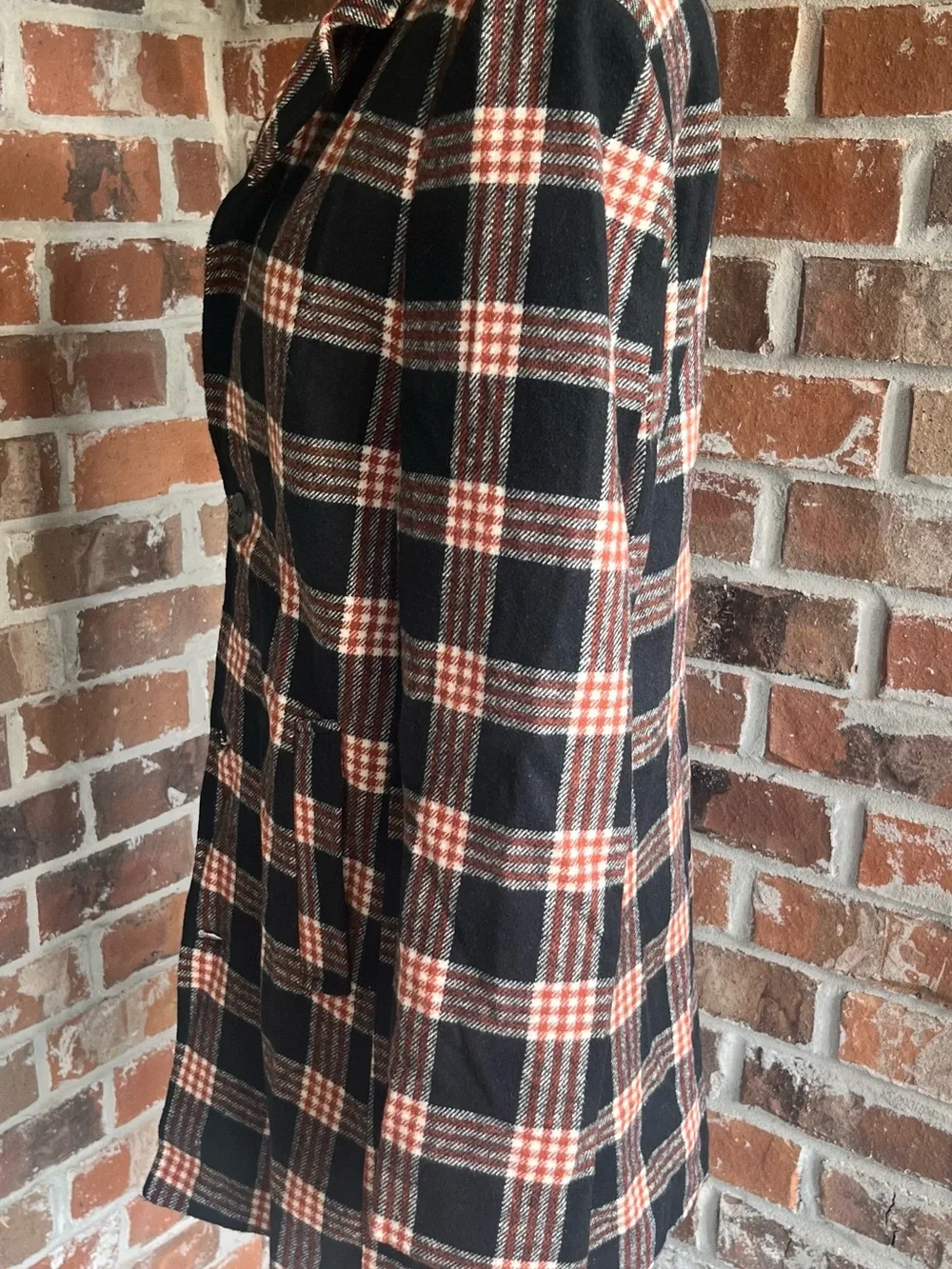 Men's Slim Fit Black and Rust Plaid Single-Breasted Pea Coat